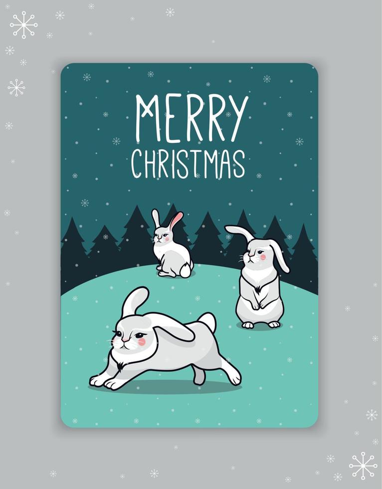 saluto carta nuovo anno, Natale. cartolina con lepri nel un' prato contro il sfondo di un' pino foresta con il iscrizione allegro Natale. vettore illustrazione