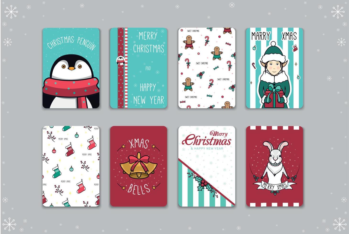 Immagine con Natale carte. cartoline con Natale personaggi. cartoline con Natale ornamento, pinguino, elfo, coniglio, campane. vettore illustrazione.