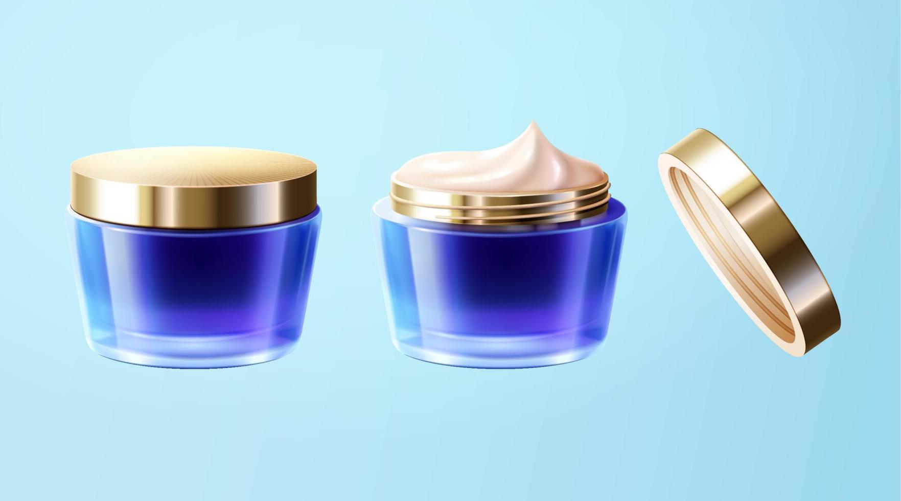 3d buio blu cosmetico crema vaso impostare. vuoto contenitore modelli isolato su leggero blu sfondo. vettore