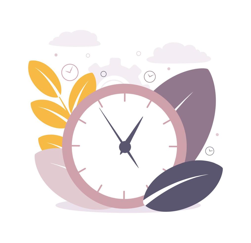 tempo gestione illustrazione. il Immagine di un' orologio, rami e le foglie. vettore