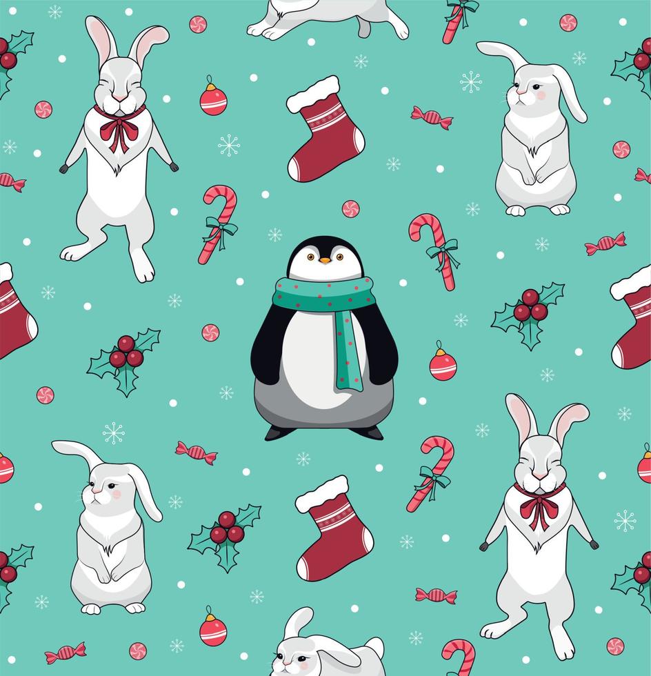 senza soluzione di continuità modello con pinguino, lepri, lecca-lecca e calzino per i regali. nuovo anni e Natale. vettore