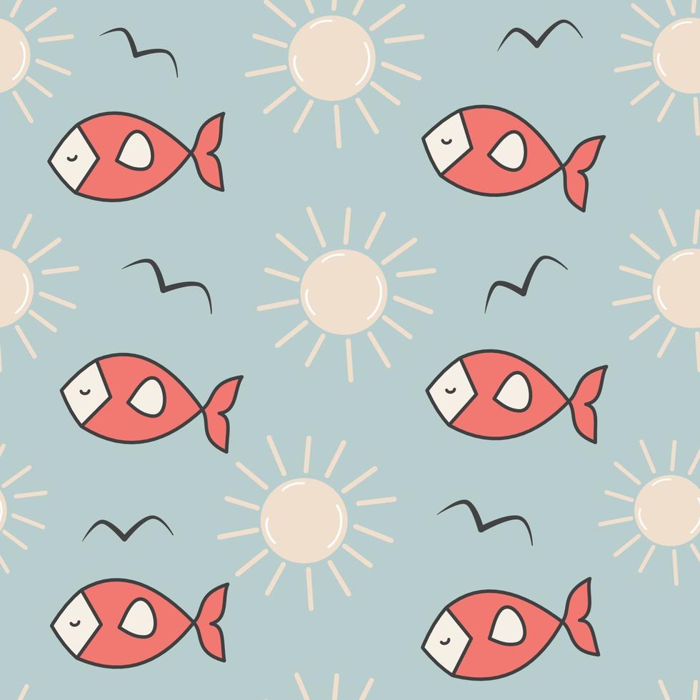 carino cartone animato astratto rosso pesce senza soluzione di continuità vettore modello sfondo illustrazione con sole e uccelli silhouette