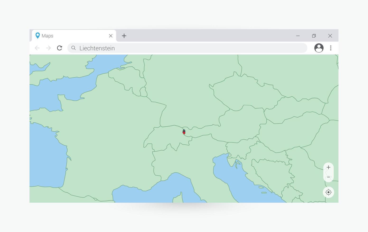 del browser finestra con carta geografica di Liechtenstein, ricerca Liechtenstein nel Internet. vettore