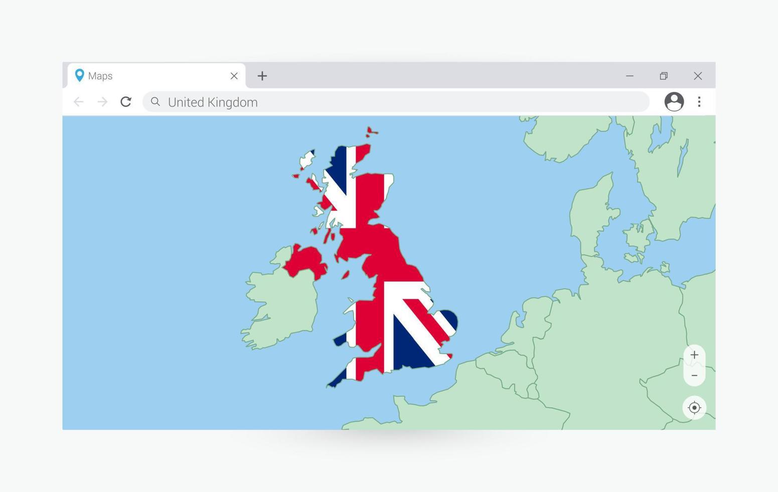 del browser finestra con carta geografica di unito regno, ricerca unito regno nel Internet. vettore