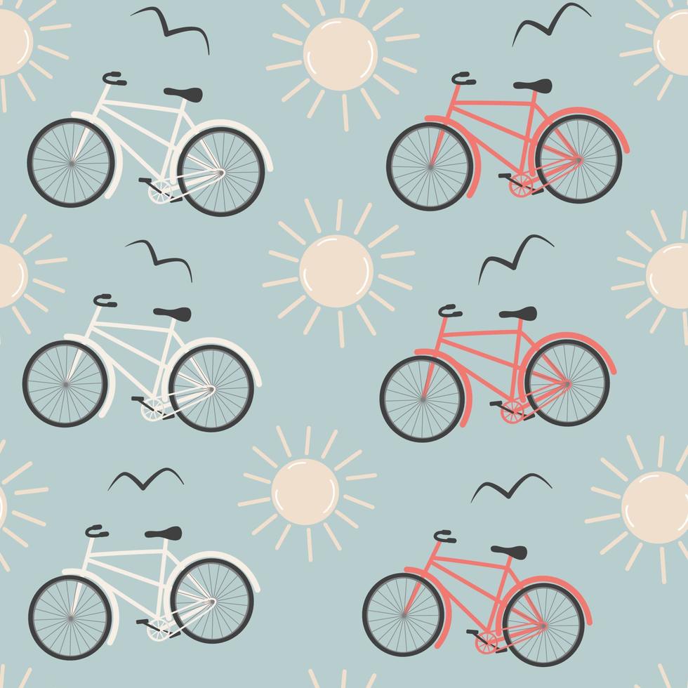 carino cartone animato astratto rosso e bianca bicicletta senza soluzione di continuità vettore modello sfondo illustrazione con sole e uccelli silhouette