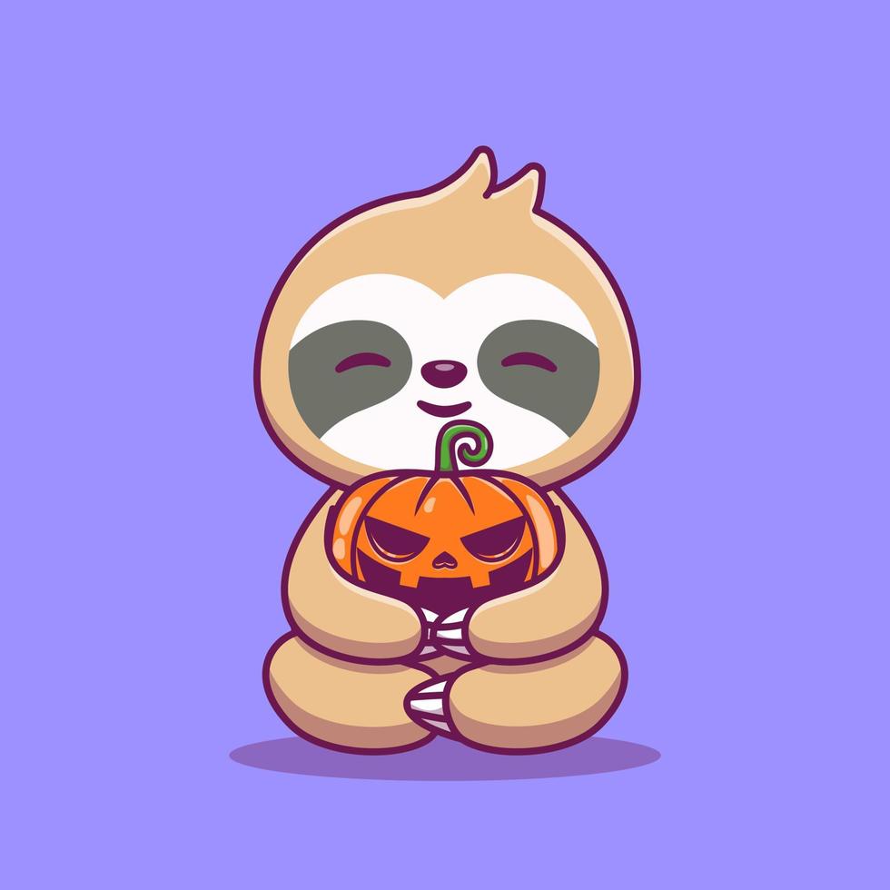 carino bradipo abbraccio zucca Halloween cartone animato vettore icona illustrazione. animale vacanza icona concetto isolato premio vettore. piatto cartone animato stile