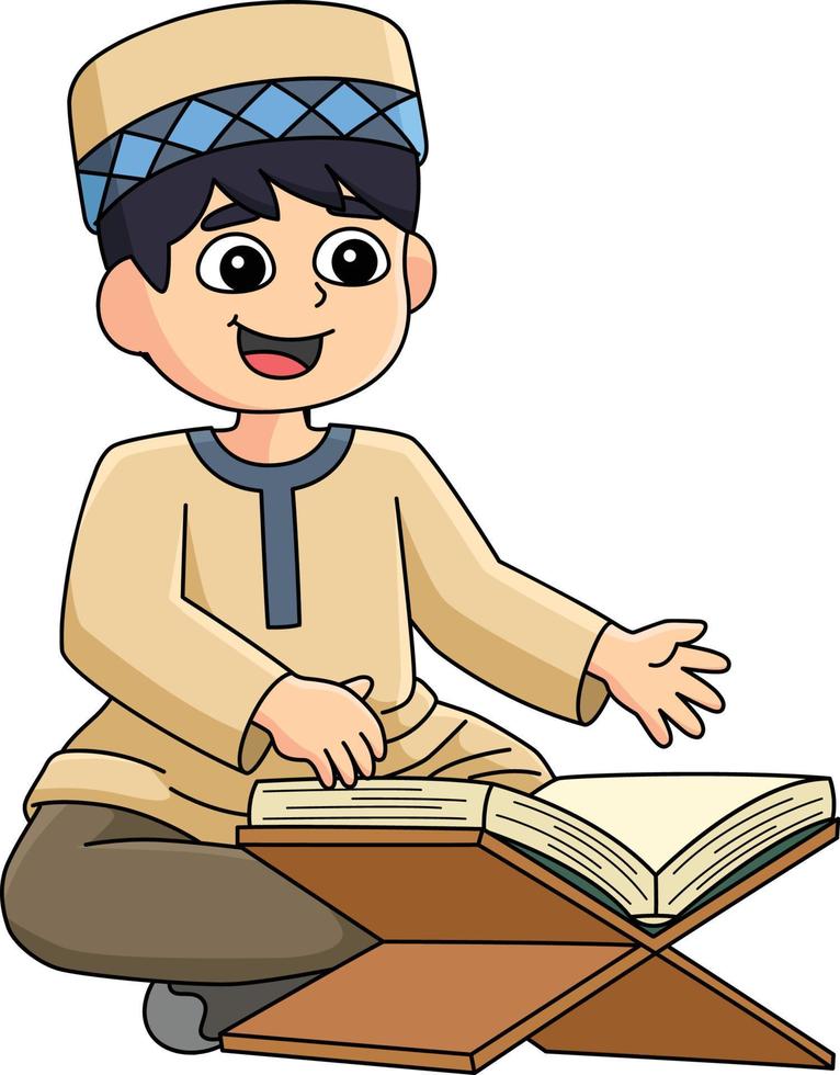 musulmano ragazzo lettura Corano cartone animato colorato clipart vettore