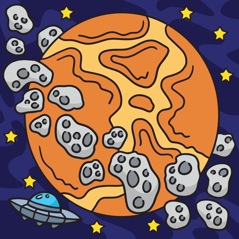 ufo e asteroide nel spazio colorato cartone animato vettore