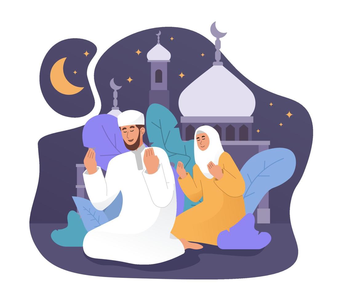 musulmano uomo e il suo moglie preghiere insieme a notte vettore