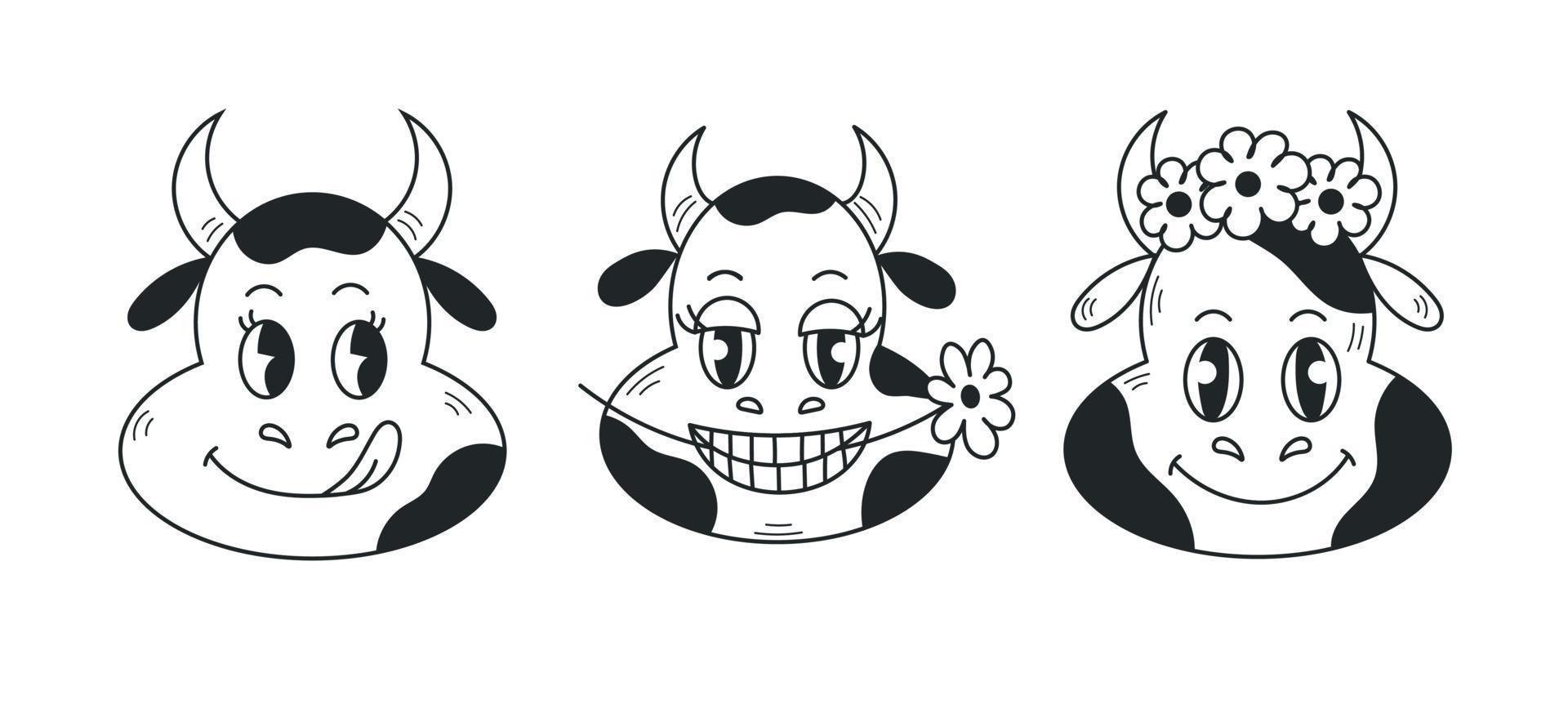 mucca cartone animato viso scarabocchio impostato vettore