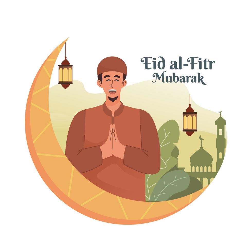 giovane musulmano uomo saluto e festeggiare eid mubarak vettore