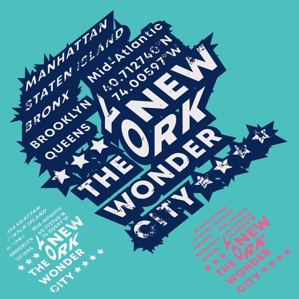 new york - tipografia della città delle meraviglie per francobolli di t-shirt, stampa di magliette, applique, slogan di moda, badge, etichette di abbigliamento, jeans e abbigliamento casual. illustrazione vettoriale
