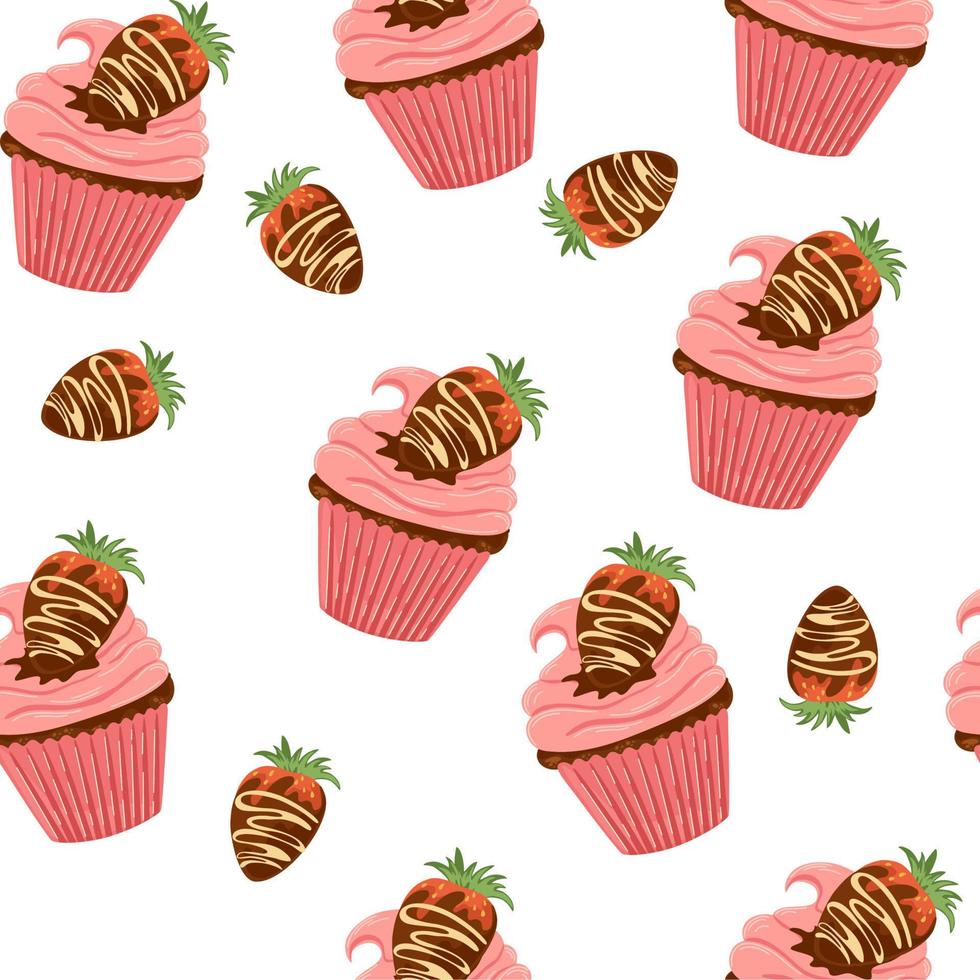 ricoperto di cioccolato fragola muffin senza soluzione di continuità modello. dolce dolce. per confezione, stampe, coperture e opuscoli, bambino prodotti, vacanze. vettore cartone animato illustrazione