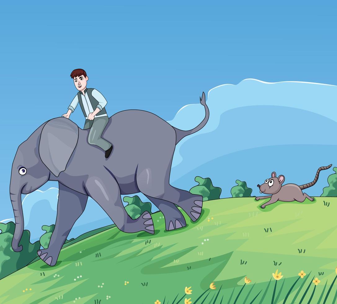 un' uomo equitazione un elefante e in esecuzione lontano a partire dal un' topo, cartone animato vettore