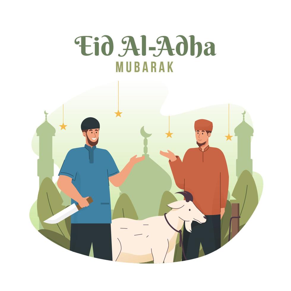 musulmano uomo festeggiare eid al adha mubarak. animale sacrificio Festival vettore