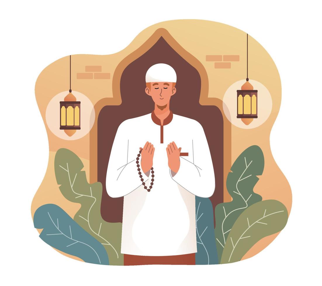 musulmano uomo preghiere mentre Tenere rosario perline vettore