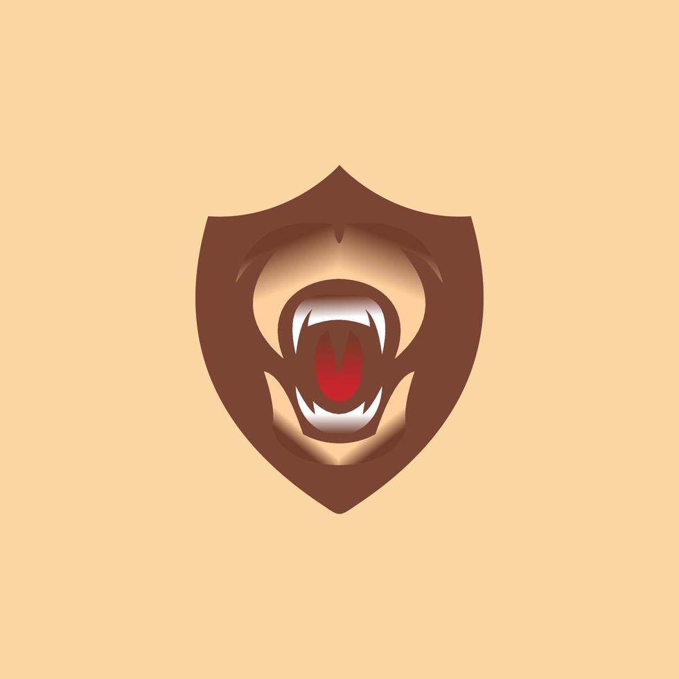 scudo logo design con orso, orso bocca ruggente, scudo di protezione, Marrone orso, per attività commerciale e aziendale il branding vettore