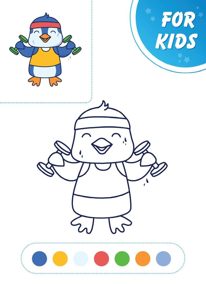 pinguino con manubri. uccello sportivo. carino animale. vettore illustrazione colorazione libro per bambini