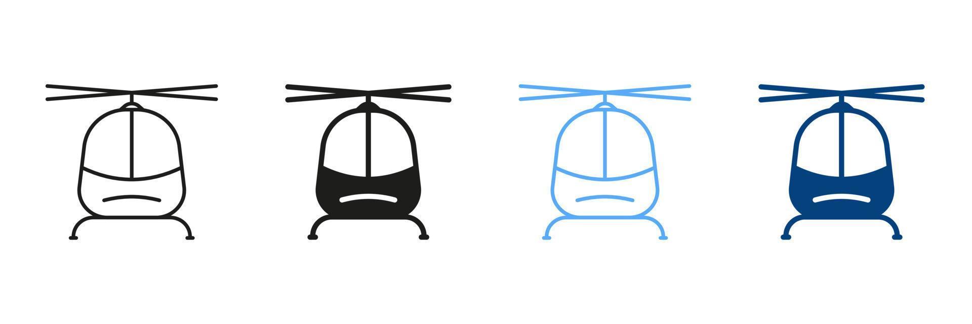 elicottero linea e silhouette colore icone impostare. pittogramma di aria trasporto. collezione di solido e schema simboli di militare aereo su bianca sfondo. isolato vettore illustrazione.