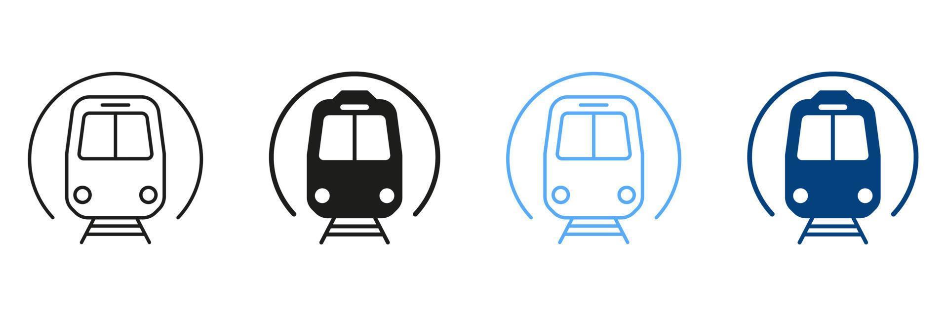 metropolitana linea e silhouette colore icone impostare. elettrico pubblico trasporto, metropolitana stazione collezione di lineamenti e solido simboli. metropolitana stazione pittogrammi. isolato vettore illustrazione.