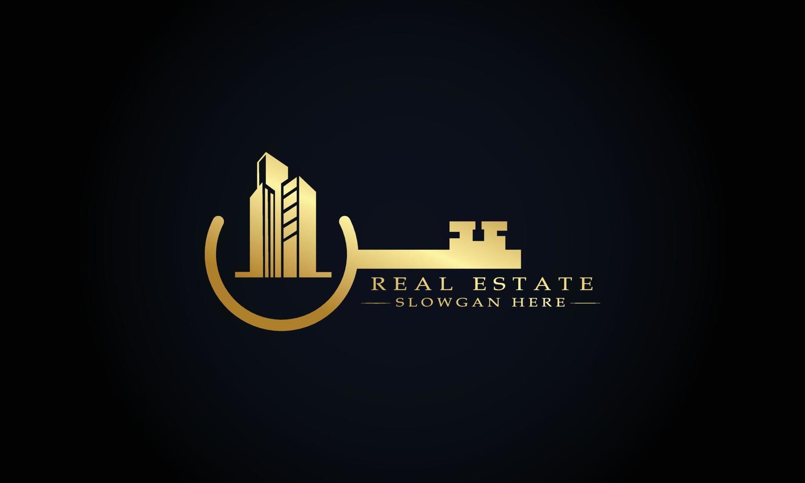 logo immobiliare in oro nero. elemento del modello di progettazione del logo dell'edificio dell'architettura della costruzione vettore