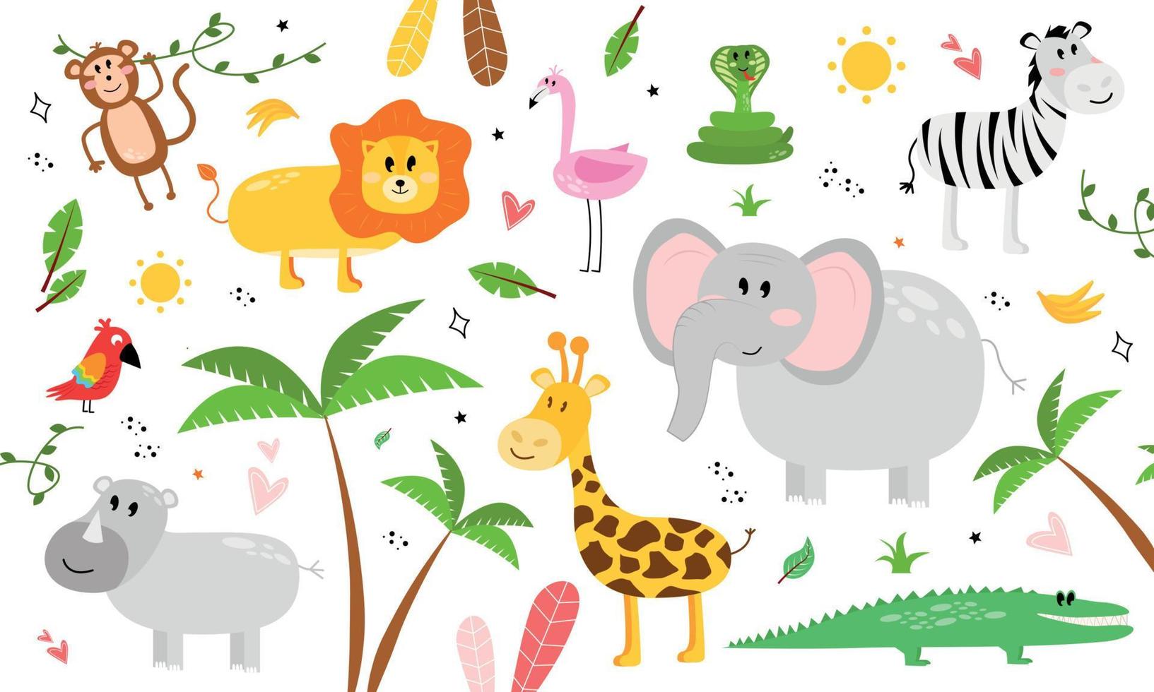 illustrazione con africano animali. illustrazione con un' zebra, rinoceronte, fenicottero, coccodrillo, elefante, serpente, Leone, pappagallo, scimmia, giraffa. vettore