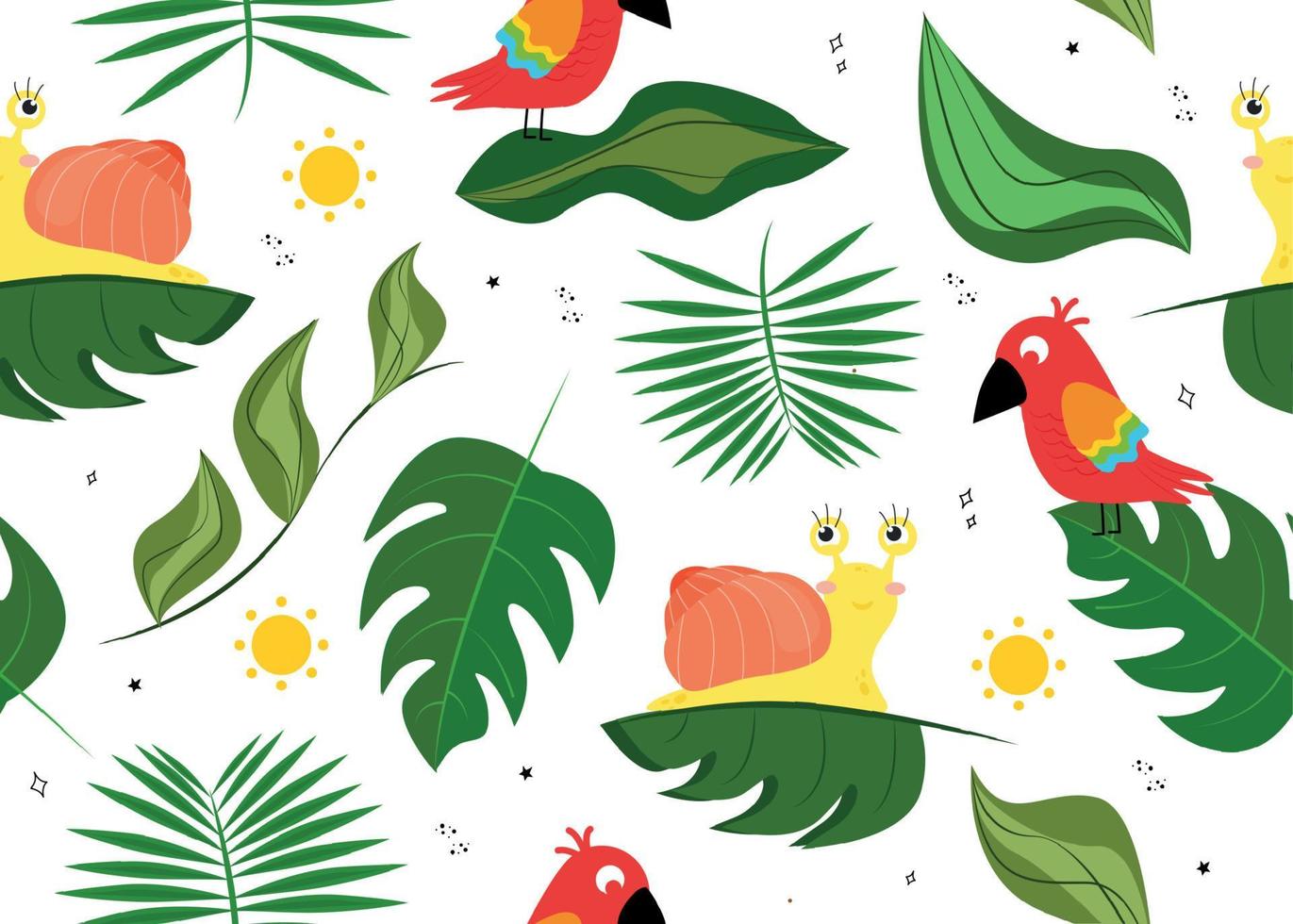 senza soluzione di continuità modello con un' pappagallo e un' lumaca. vettore illustrazione con pappagallo uccello, lumaca, foglie, sole, stella, scarabocchio