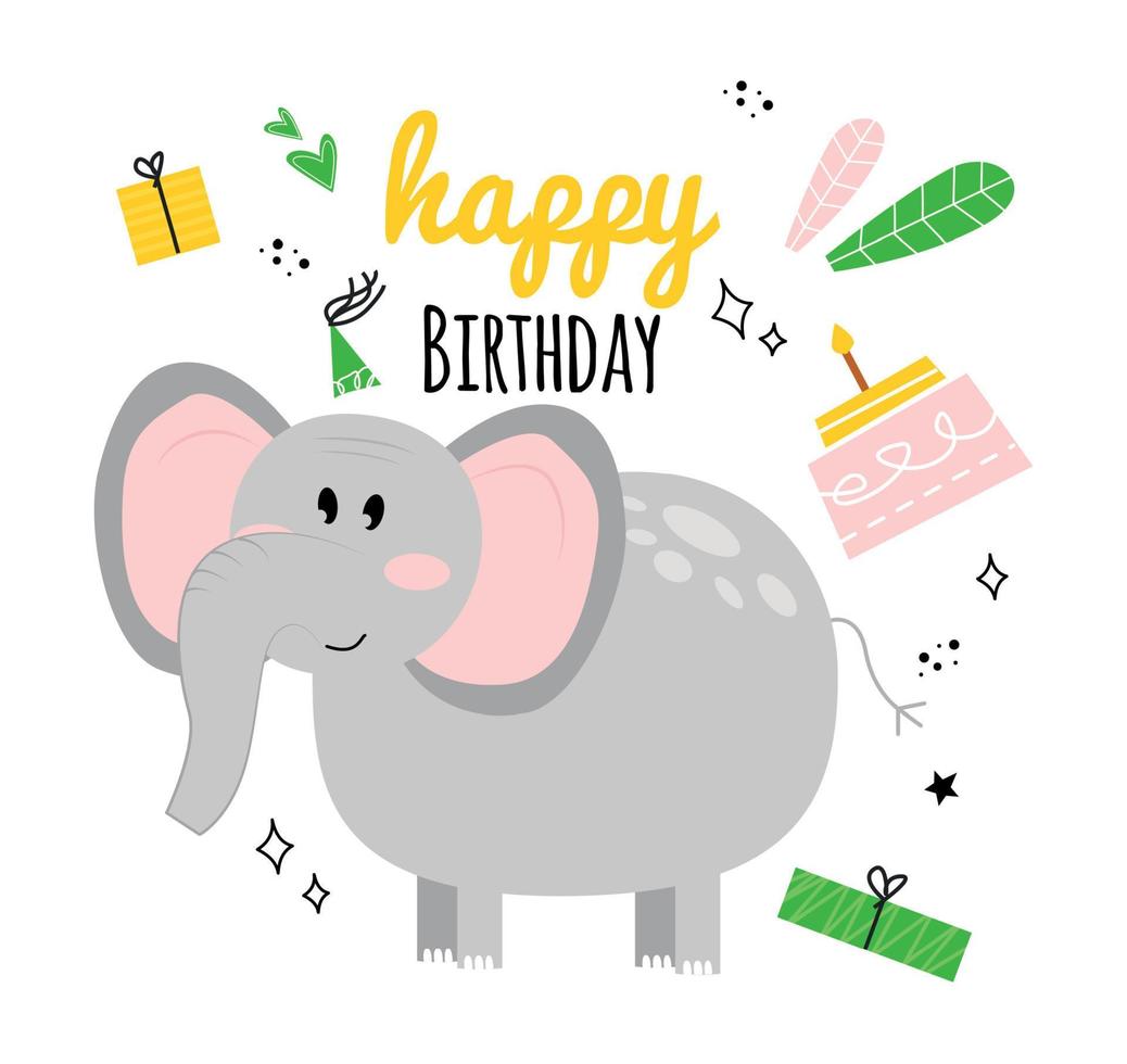 illustrazione con elefante, torta, regalo, iscrizione contento compleanno. contento compleanno saluto carta con bambino elefante. saluto carta con elefante contento compleanno con vacanza cappello, regalo, torta, le foglie. vettore