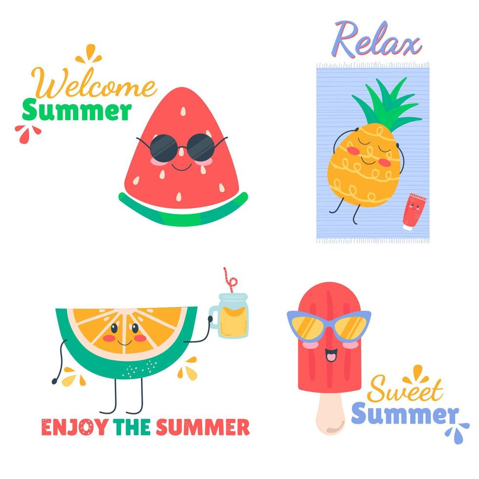 cartone animato estate carino scarabocchio kawaii ghiaccio crema, anguria, ananas, lime. vettore
