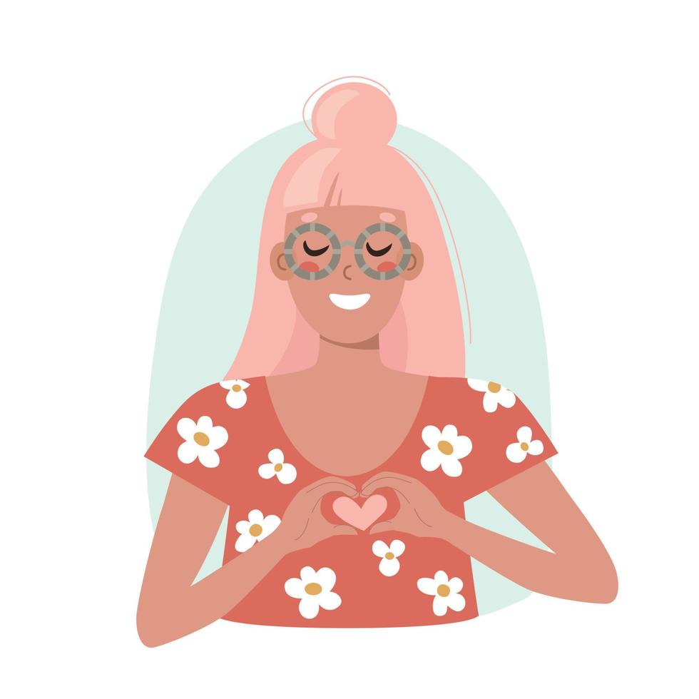 ritratto di un' ragazza con rosa capelli e bicchieri Spettacoli un' cuore gesto, vettore piatto illustrazione.