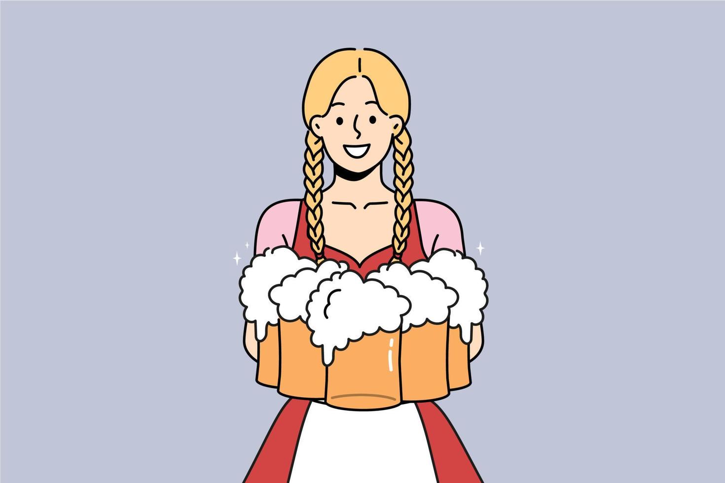 sorridente donna nel tradizionale costume Tenere bicchieri di birre. cameriera servendo bevande di Tedesco Festival. oktoberfest evento. vettore illustrazione.