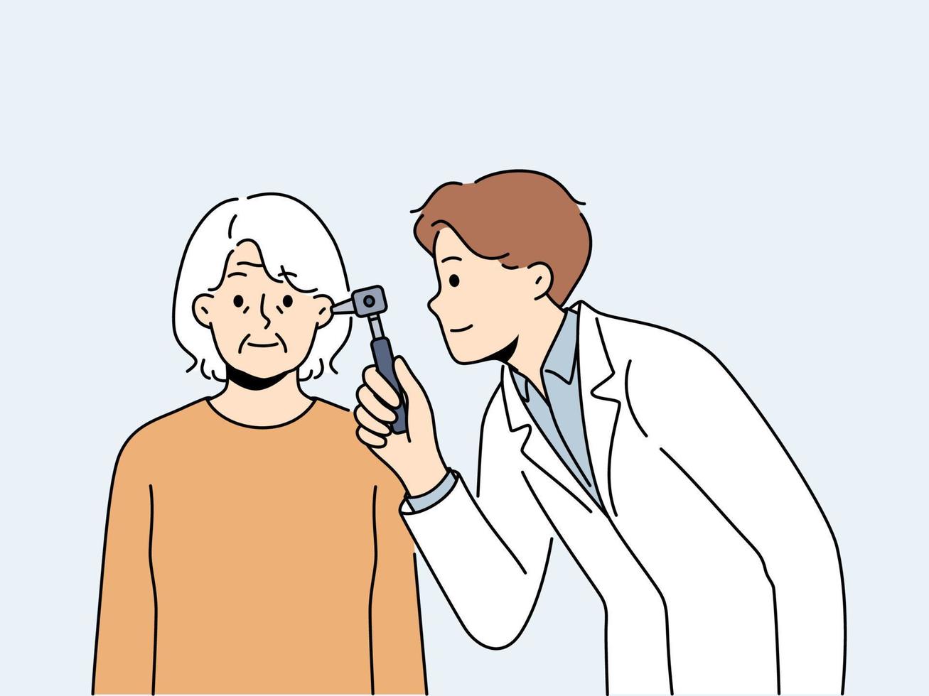 maschio medico esaminare anziano femmina paziente orecchio. uomo gp o otorinolaringoiatra fare verifica o esame di vecchio nonna nel clinica. vettore illustrazione.