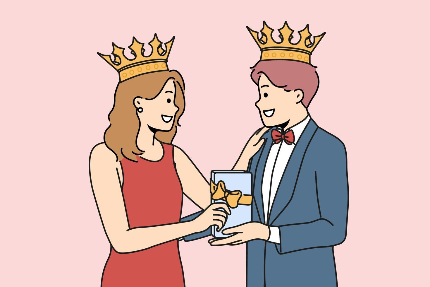 sorridente coppia nel vestito formale con regalo scatola nel mani. contento uomo e donna con corone su teste celebrare anniversario Tenere regalo. vettore illustrazione.