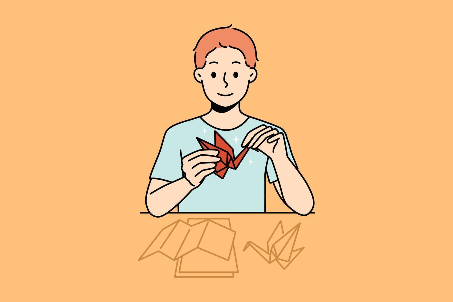 sorridente poco ragazzo sedersi a scrivania rendere origami. contento ragazzo godere passatempo attività fabbricazione uccelli a partire dal carta. vettore illustrazione.