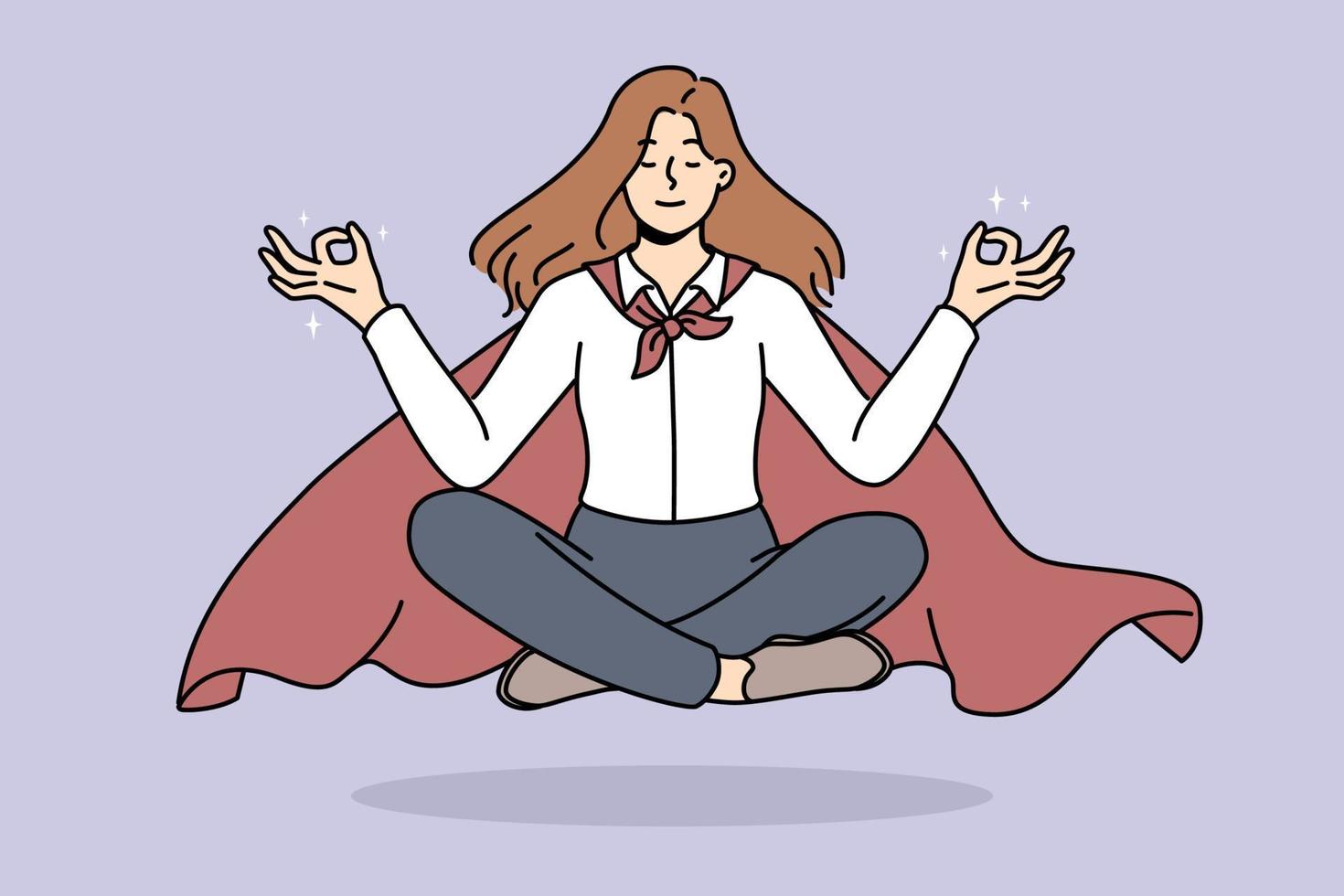 calma donna d'affari nel capo meditare galleggiante nel aria. rilassato femmina dipendente nel mantello impegnato nel meditazione alleviare fatica. vettore illustrazione.