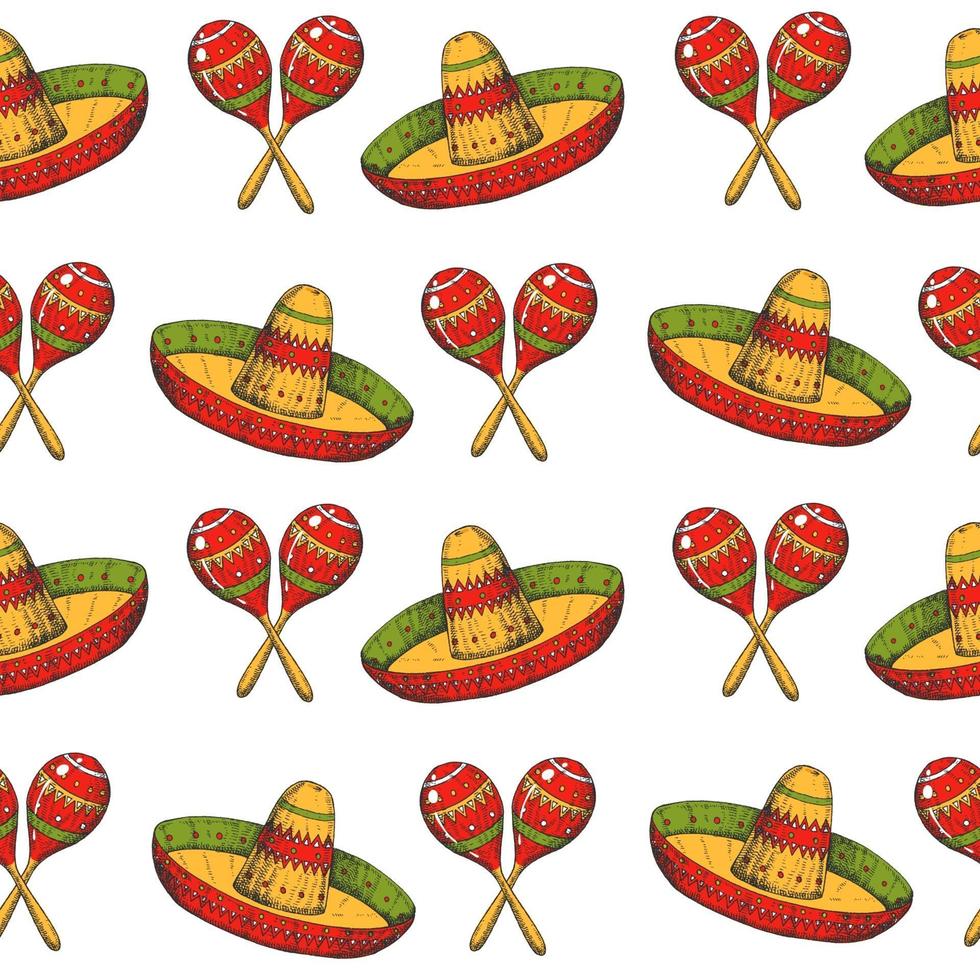 modello senza cuciture di cinco de mayo con simboli messicani disegnati a mano colorati-maracas e sombrero su bianco. schizzo. per carta da parati, sfondo della pagina web vettore