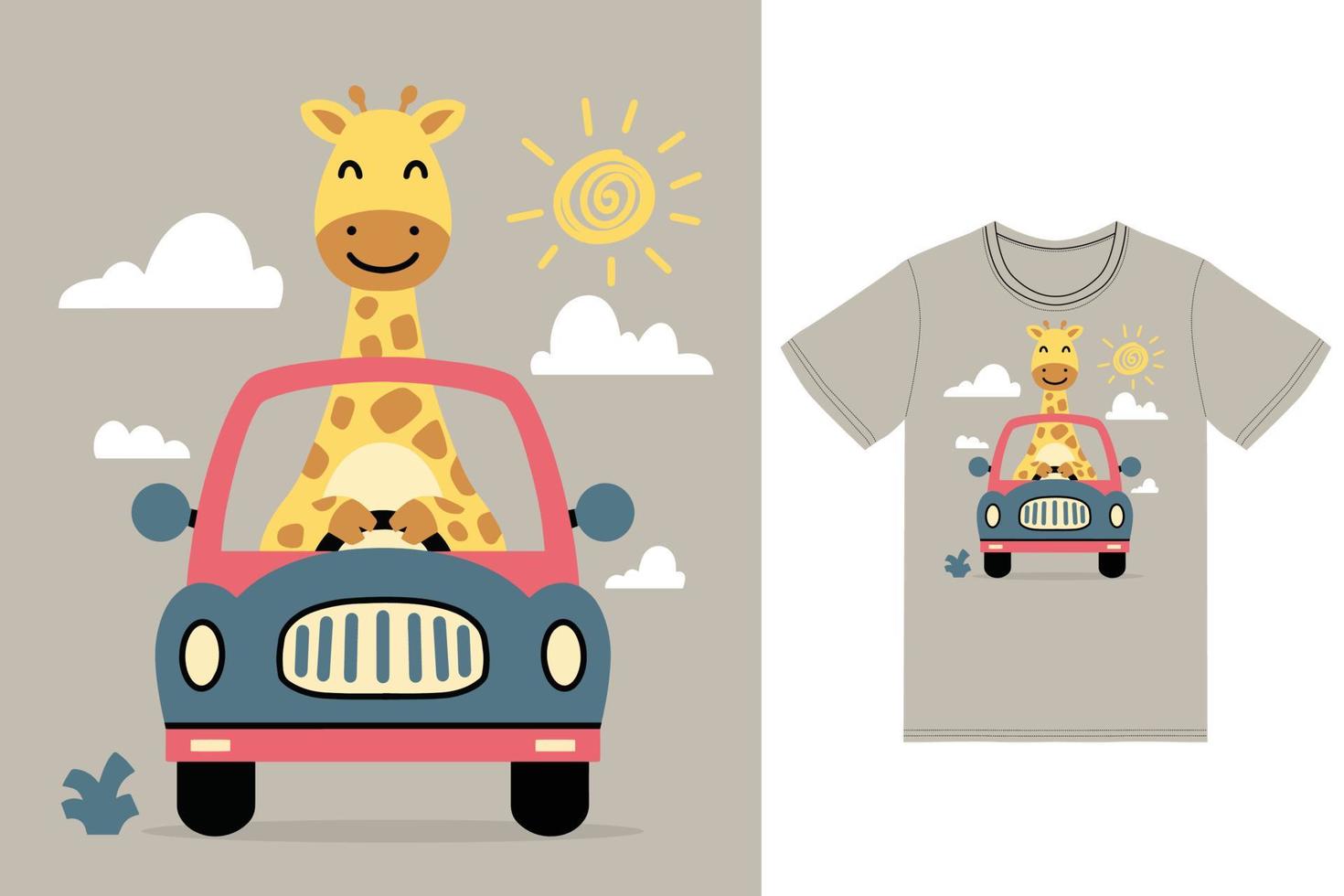 carino giraffa guida auto illustrazione con maglietta design premio vettore