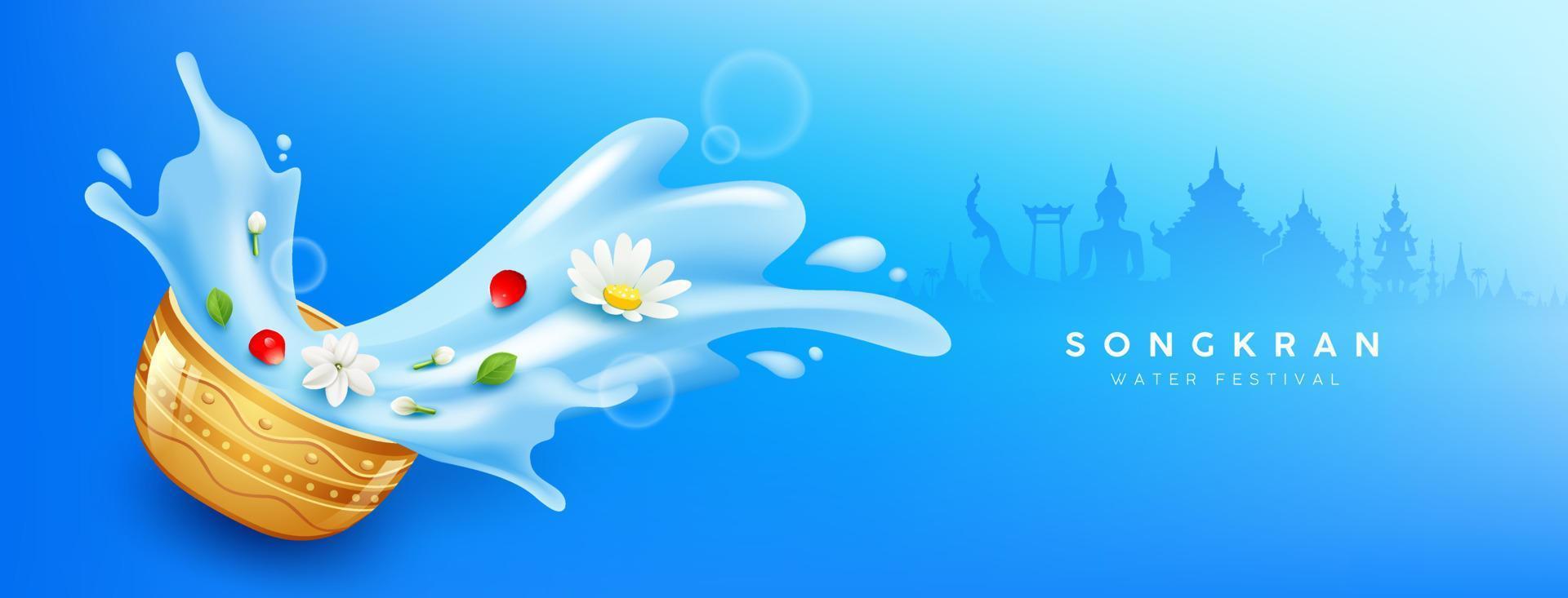 Songkran Tailandia, fiori nel un' acqua ciotola acqua schizzi, Tailandia architettura turismo silhouette, su blu sfondo, eps 10 vettore illustrazione