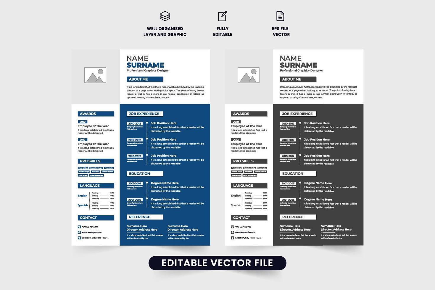 azienda stagista curriculum vitae modello design con dipendente Esperienza e abilità sezione. moderno ufficiale curriculum vitae modello vettore con blu e buio colori. creativo CV disposizione design per lavoro applicazioni.