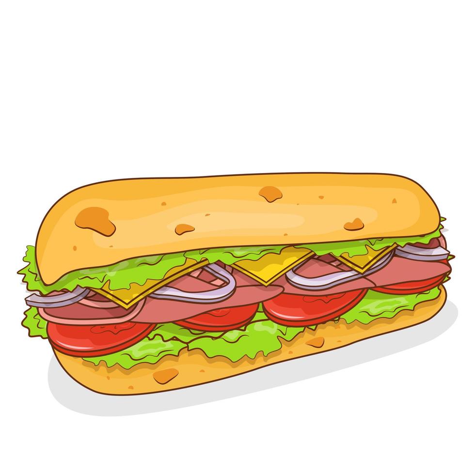Sandwich con prosciutto, formaggio, pomodori e cipolle. vettore piatto illustrazione.