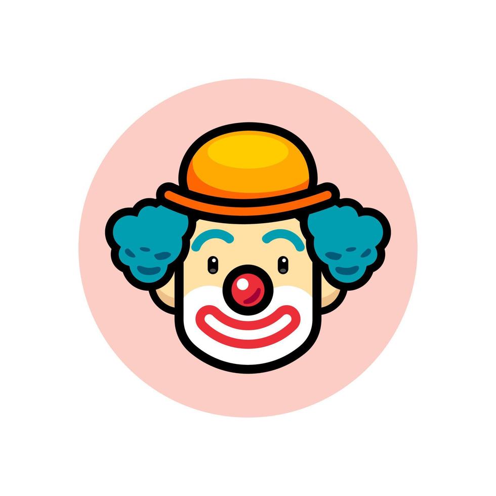 burlone clown Sorridi vettore illustrazione portafortuna con blu capelli parrucca, rendere su e cappello. rosso naso contento burlone testa cartone animato. giullare divertente personaggio arte