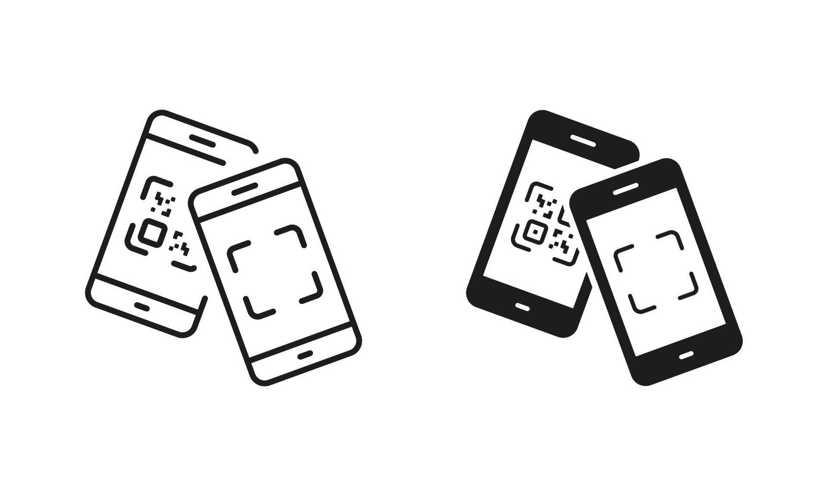 scansione qr codice su smartphone linea e silhouette icona impostare. pagamento scanner nel mobile Telefono pittogramma. piazza codice a barre App per pagare simbolo collezione su bianca sfondo. isolato vettore illustrazione.