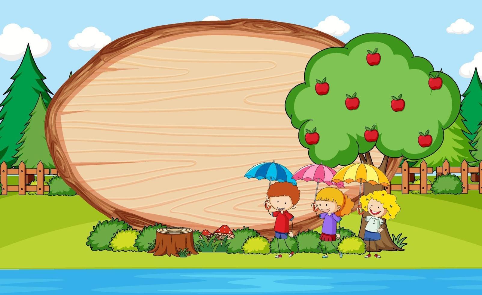 scena del parco con tavola di legno vuota di forma ovale con personaggio dei cartoni animati di doodle di bambini vettore