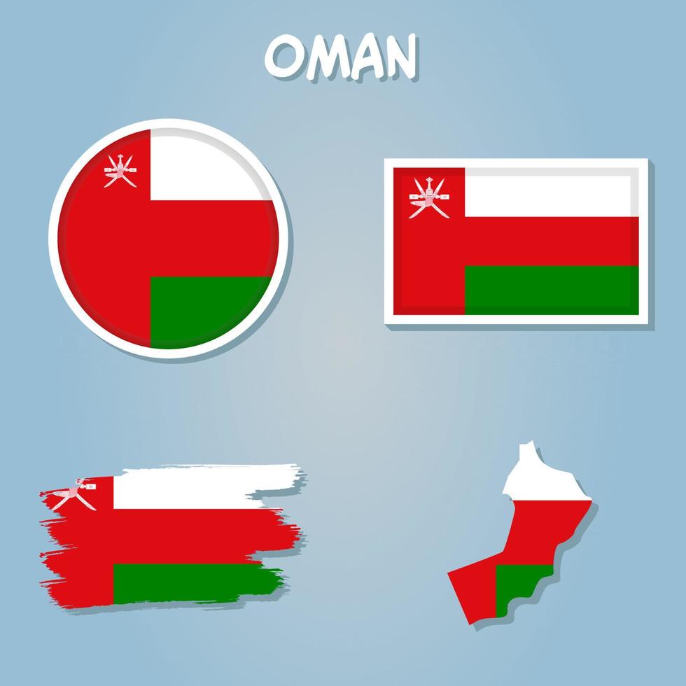 bandiera di sultanato di Oman sovrapposto su schema carta geografica isolato su blu sfondo. vettore