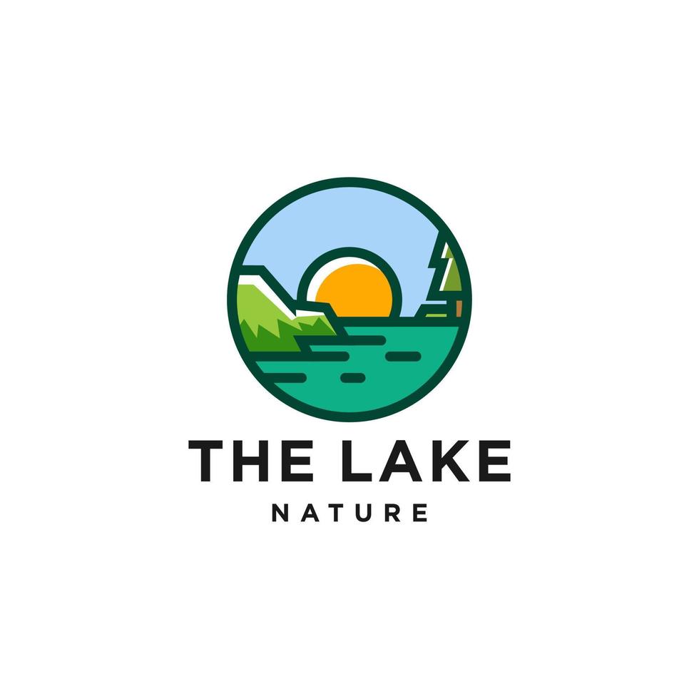 bellissimo lago logo. tramonto Alba con verde lago o fiume torrente Visualizza acqua logo icona vettore nel colorato vettore per Hotel o ricorrere, vacanza tema logo design.