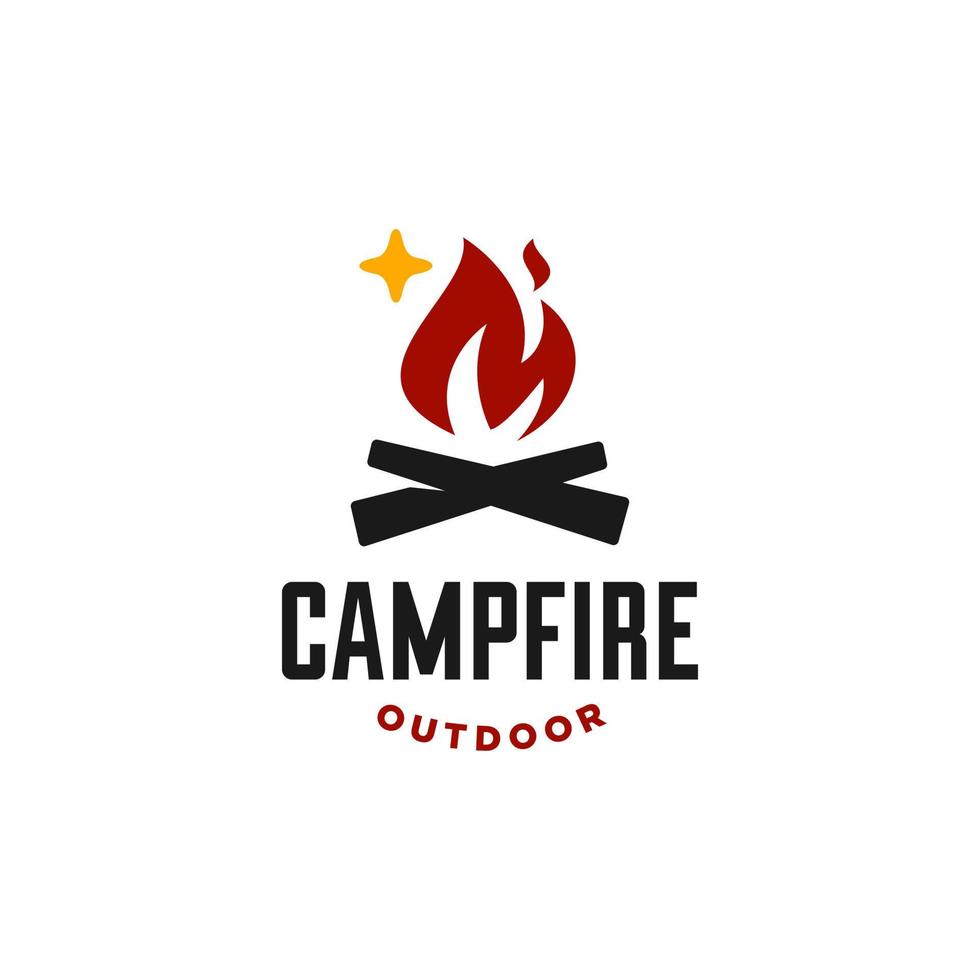 semplice campeggio logo, caldo fuoco di bivacco logs su francobollo vettore icona illustrazione. fuoco di bivacco all'aperto marca logo con fiamma e legna