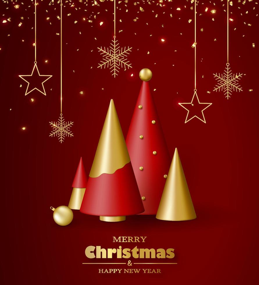 allegro Natale e contento nuovo anno sfondo. 3d realistico oro e rosso decorativo Natale alberi e ghirlande. vettore