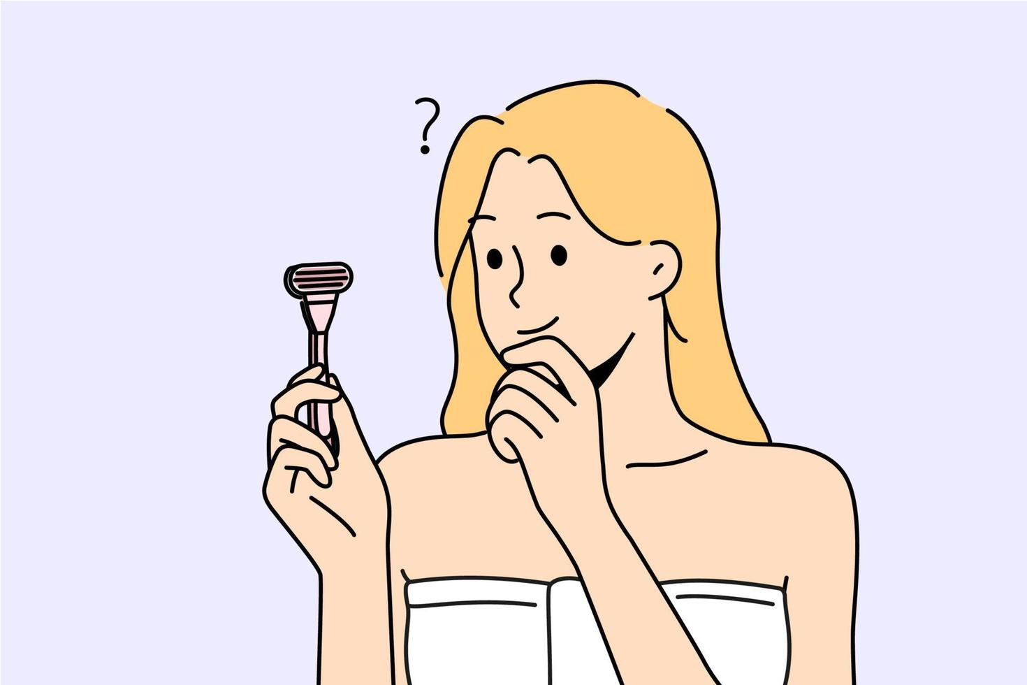 confuso donna nel asciugamano dopo doccia hold rasoio pensare di rasatura. frustrato ragazza prendere in considerazione depilazione procedura. bellezza e cosmetologia. vettore illustrazione.