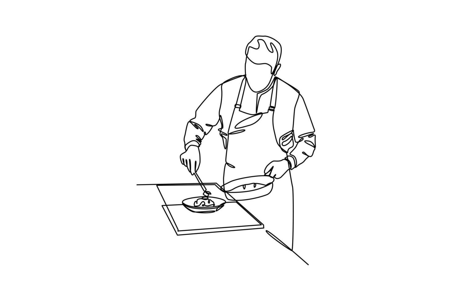 continuo una linea disegno un' maschio capocuoco cucinando nel il cucina. cucina attività concetto. singolo linea disegno design grafico vettore illustrazione