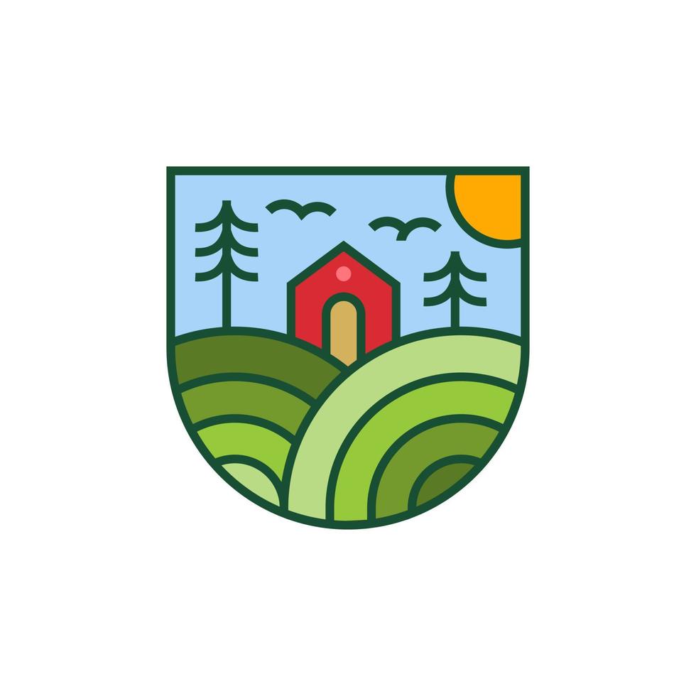 agricoltura logo con rosso Casa fienile con albero, giardino riso campo e sole. distintivo fienile contadino giardino agriturismo logo nel moderno illustrazione stile cortile vettore